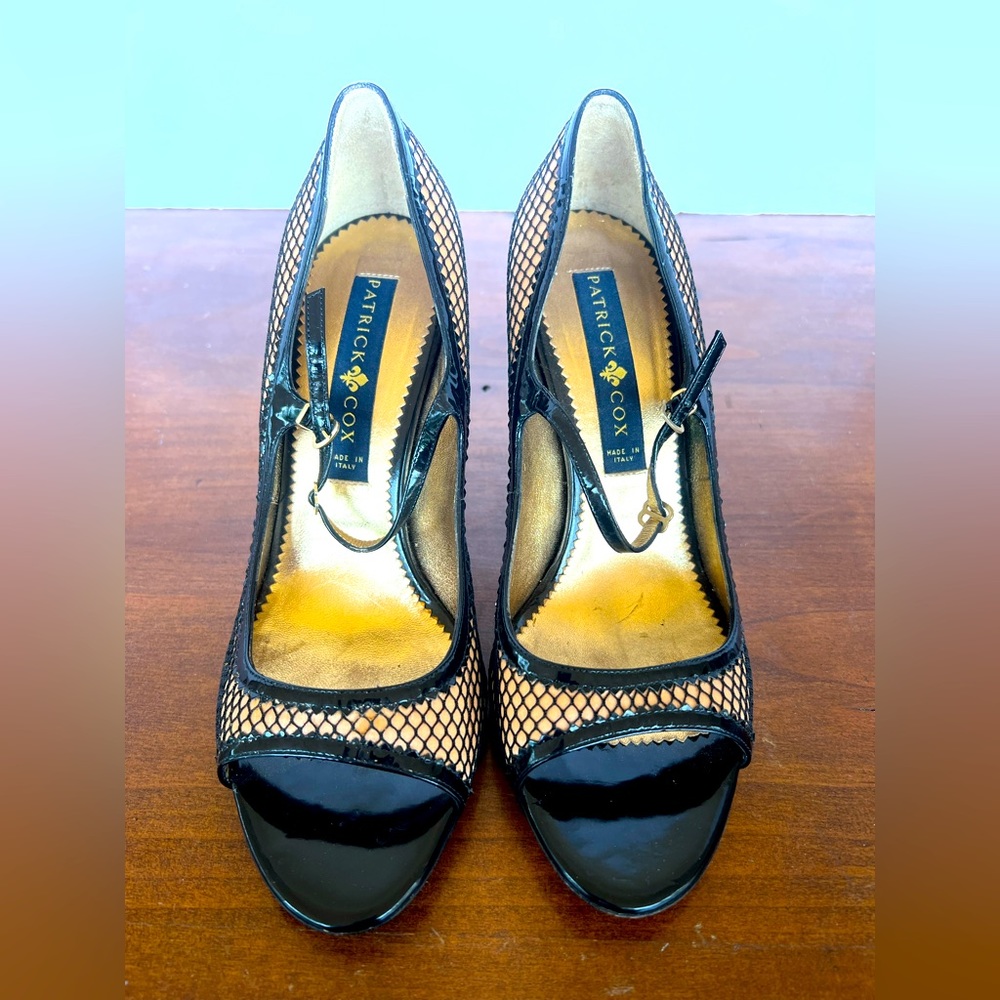 Patrick Cox Open Toe Heels . Italy. Black & Brown Mesh. Genuine Leather. 40/8.5